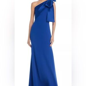 Aqua Royal Blue One-Shoulder Gown with Bow Detail